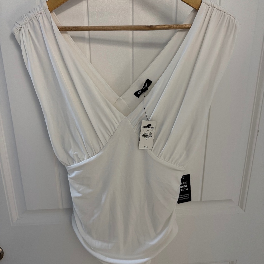 White Thong Back Ruched Bodysuit size small by Express
